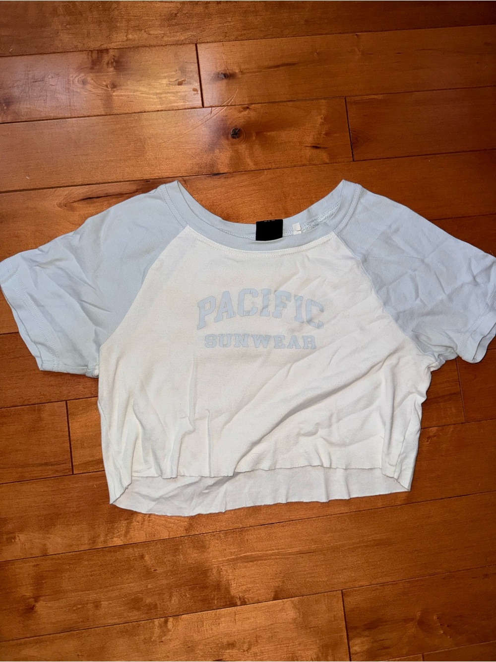 PacSun Light Blue and White Crop Raglan Tee
